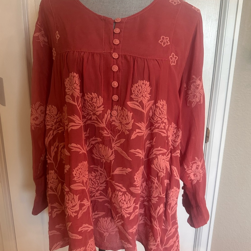 Johnny Was Red Relaxed Mandarin Collar Tunic
